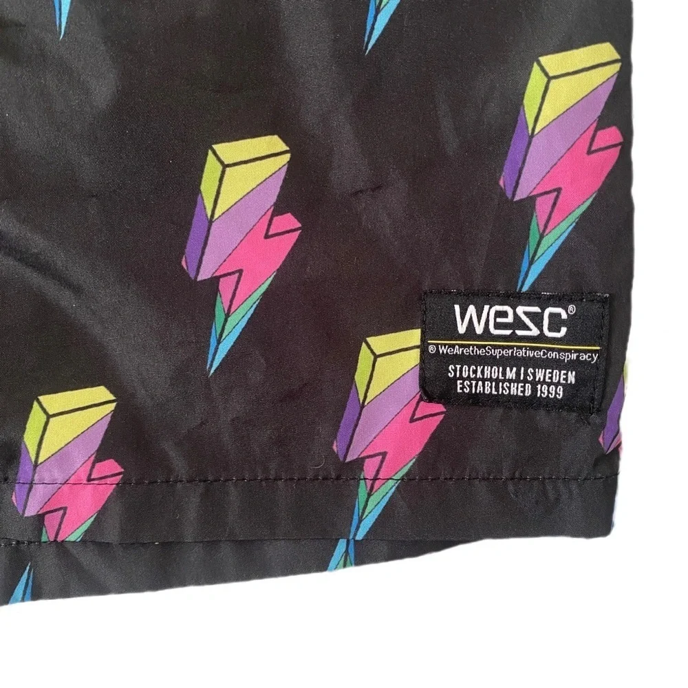WESC Men’s Black Drawstring Swim Trunks Hot Pants Colorful Lightning Pride Sz S